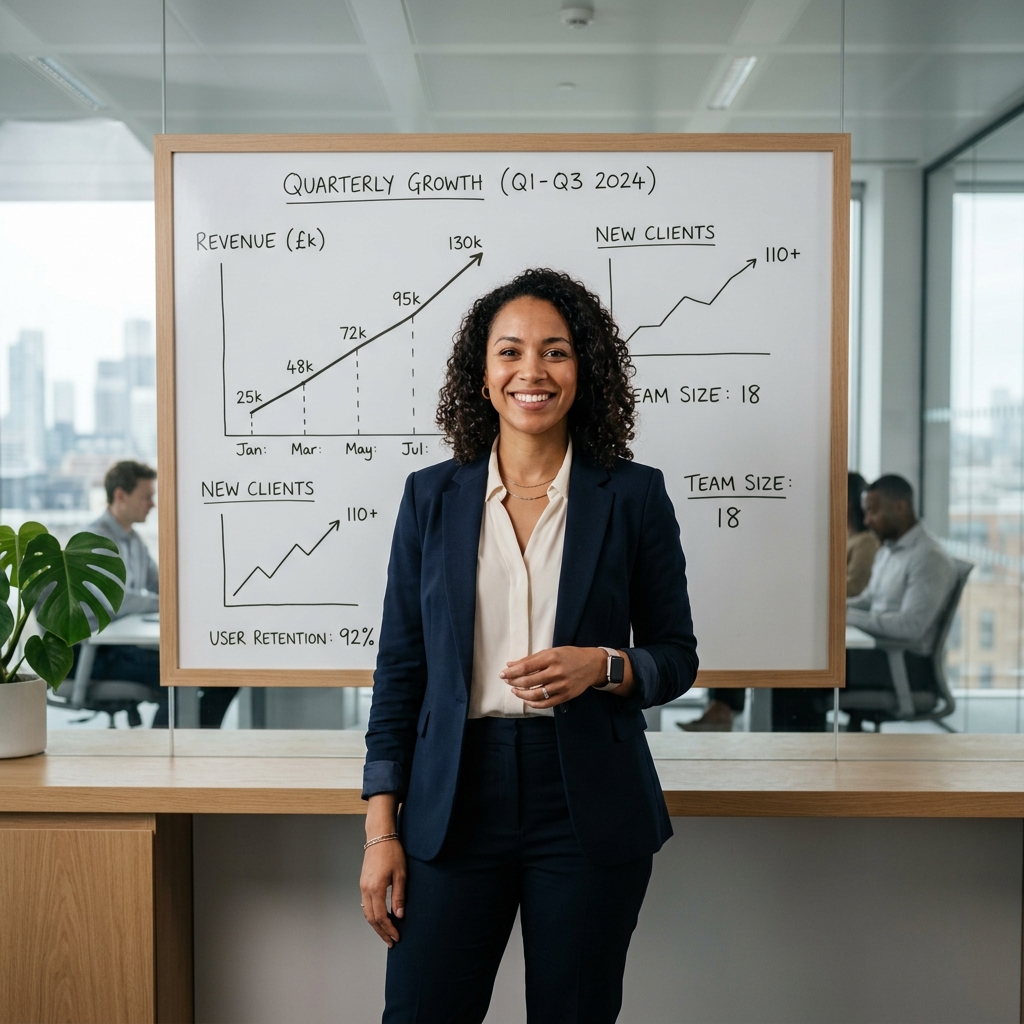 Confident small business owner standing in front of a whiteboard showing upward growth charts and business metrics