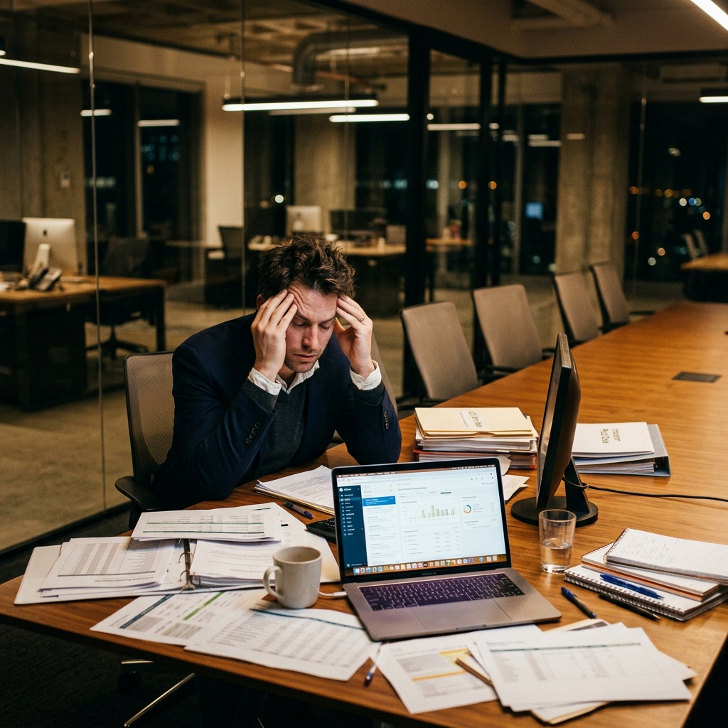 Stressed founder sitting alone at a conference table overwhelmed with work, representing the founder bottleneck problem