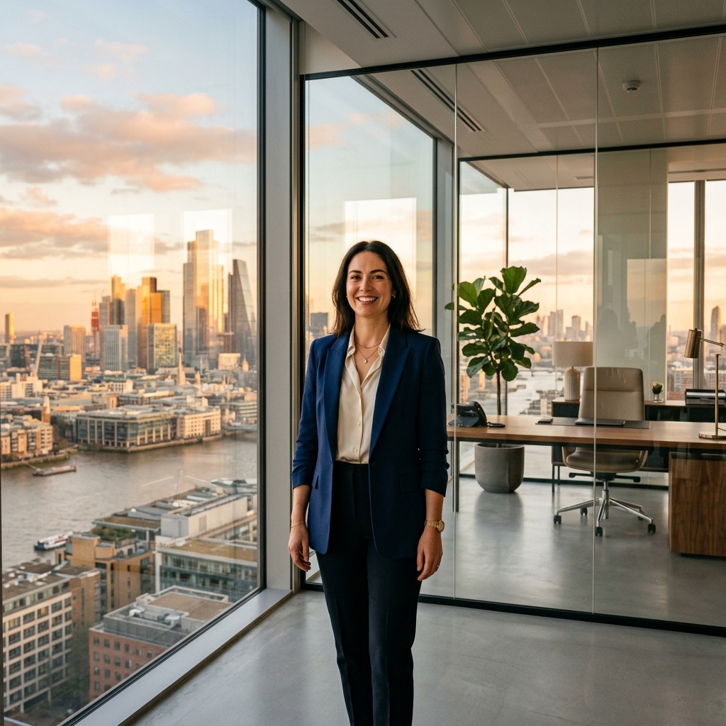 Confident entrepreneur looking out a window overlooking a city skyline, representing the freedom that comes from effective delegation