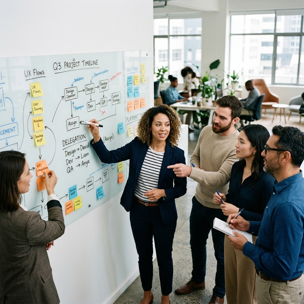 Business team collaborating around a whiteboard with workflow diagrams, representing effective delegation and teamwork